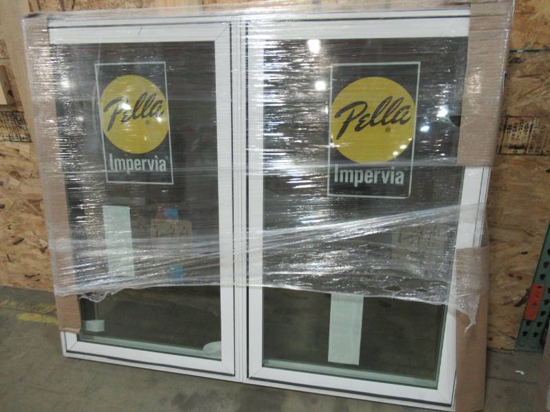 lot 173 image: Pella Impervia Casement Window. Measures 56 X 47 X 3 14. InteriorExterior in Vinyl White