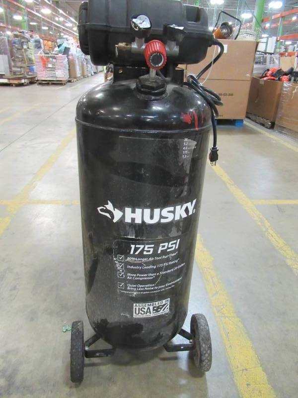lot 63 image: Husky 20 Gal. 175 PSI Quiet Portable Air Compressor, C201H - Runs well But has Cracked Air Pipe & Gauges.