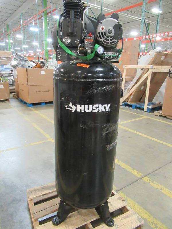 lot 66 image: Husky 60 Gal. Stationary Electric Air Compressor, C602H - Runs Well, Broken Fan and Gauge.