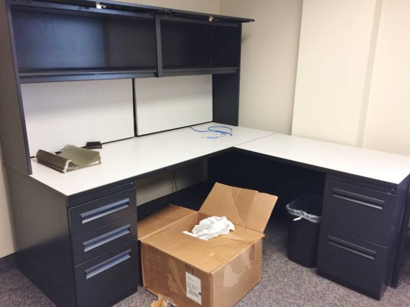 MSRP $3000 High Quality Hayworth Executive Office Workstation Desk With Right Return, 1-3 Drawer Filing Cabinet, 1-2 Drawer Filing Cabinet, Lighted Overhead Slide Up 2 Door Cabinets Sleek Chic BlackWhite Design Excellent Premium Condition&nbsp