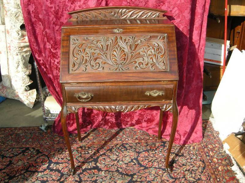 lot 9 image: Antique Mahogany Carved Slant Front Writing Desk