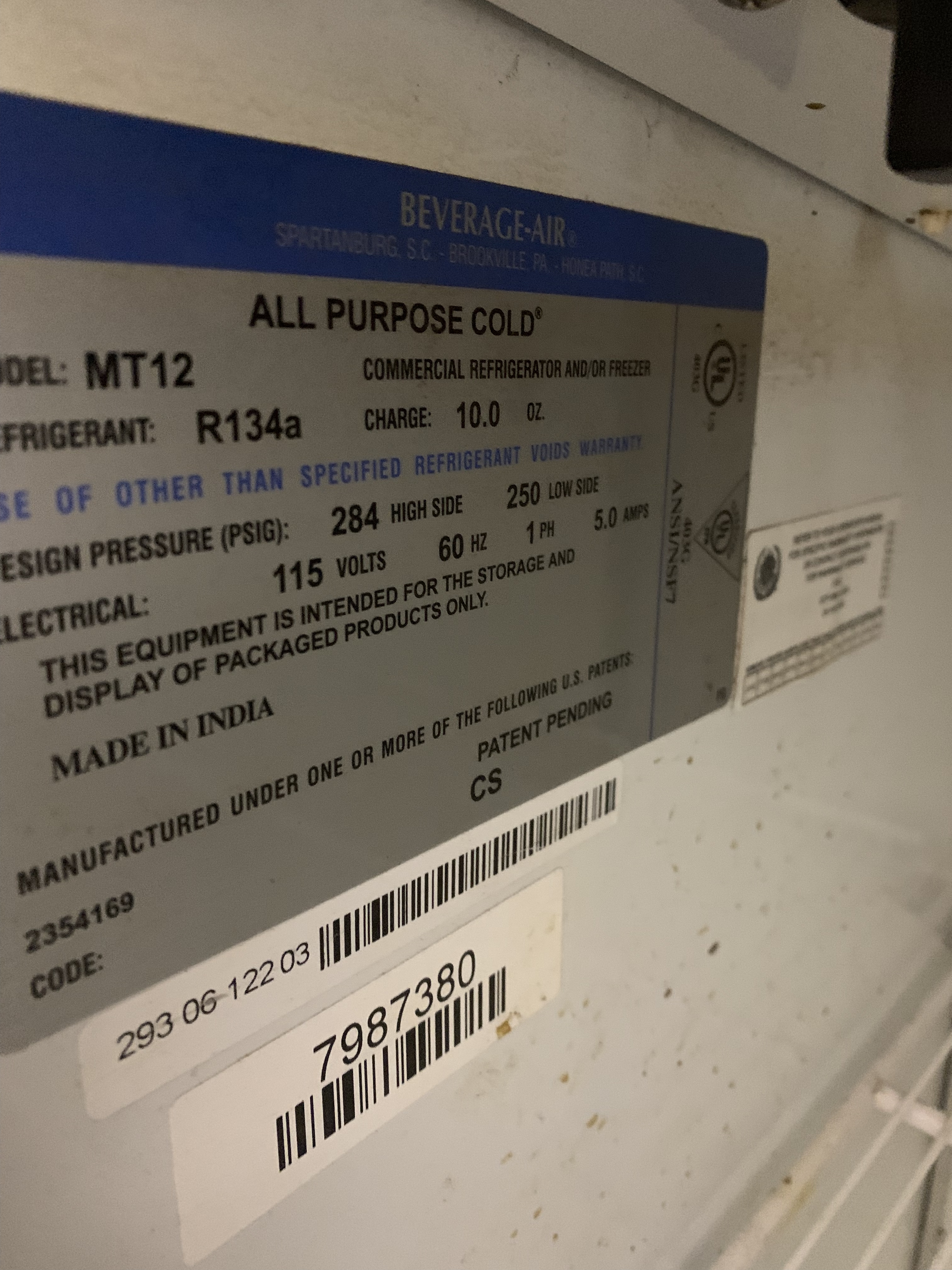 Beverage Air, Mod #MT12-1AS, single Glass door commercial Refrigerator, caster mounted, 115 volts, 10.6 amp Runs Cools