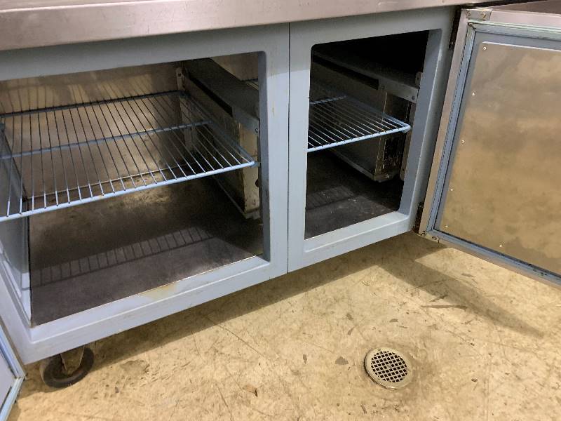 Delfield, Three door refrigerated prep table, NSF, caster mounted, 115 volts, 7.2 amps, 96x31.5x35H, 45 overall height