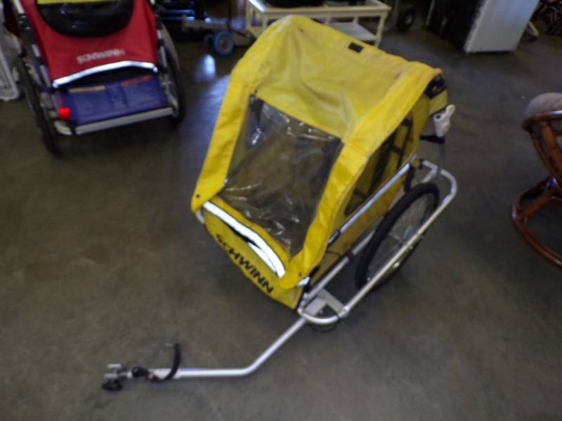 lot 96 image: Schwinn KidsChild Double Tow Behind Bicycle Trailer, 20 inch wheel size, foldable, yellow