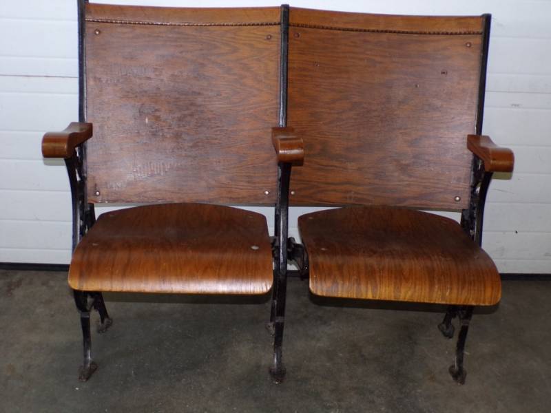 lot 8 image: Fantastic Wood and Cast Iron Pair of Theater Seats