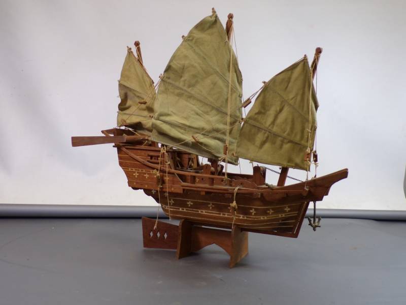 lot 28 image: Antique 3 Sail Wooden Ship Model