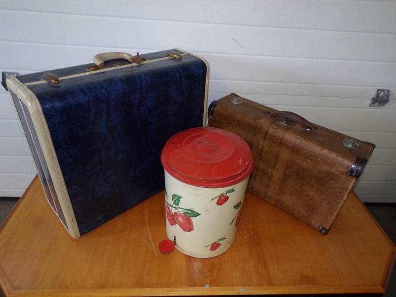 lot 56 image: Vintage Tin Apple Step Wastebasket with 2 vintage Suitcases