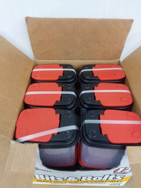 lot 42 image: Buddeez Bits & Bolts Heavy Duty Flip-Lid Carry-All Container Bins 12pc Set NEW
