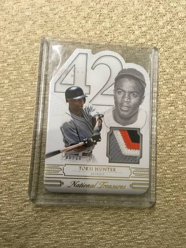 lot 90 image: Panini Jackie Robinson Day Torii Hunter Game Used Jersey Card