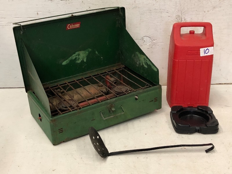 lot 10 image: Gas Camp Stove, Ice Scoop, Lantern Case