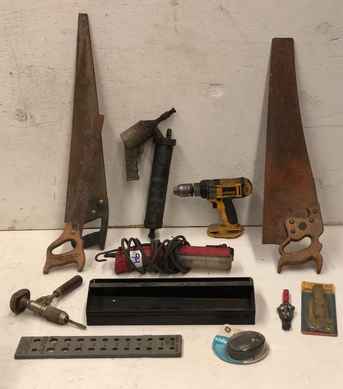 lot 94 image: Hand Saws, Work Light, Grease Gun, Etc