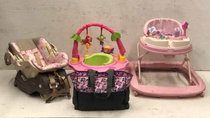 lot 106 image: Baby Car Seat & Matching Diaper Bag, Baby Walker & Jumper