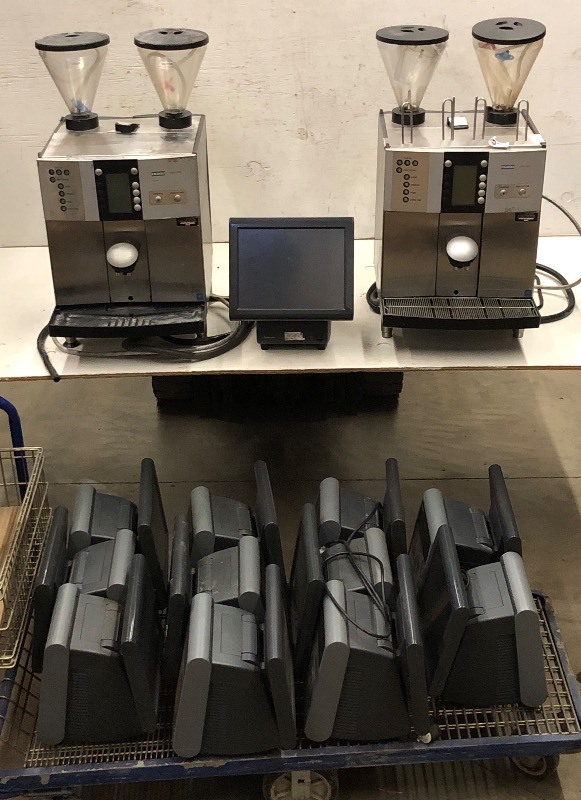 lot 23 image: (12) Panasonic Check-Out Monitors & (1) Franke Espresso Makers