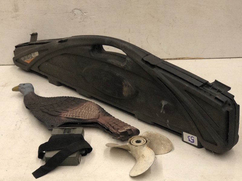lot 53 image: Rifle Case, Trail Camera, Turkey Decoy, Etc