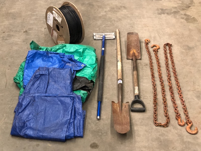 lot 65 image: (2) Shovels, Poly Tarps, Logging Chain, Spool Of Cable