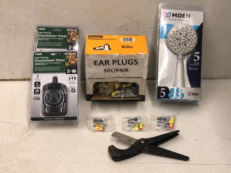 lot 73 image: (2) Timers, (1) Shower Head, (1) Box Of Ear Plugs