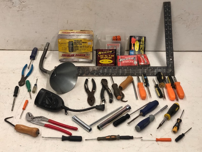 lot 77 image: Hand Tools, Trailer Brake-Away System, Staples, etc