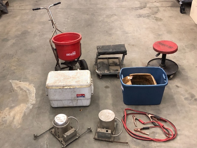 lot 85 image: Jumper Cables, Fertilizer Spreader, Shop Stools, Etc