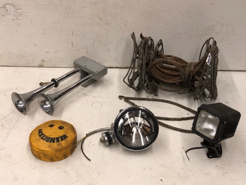 lot 96 image: Steel Cable Tire Chain Set, Air Horn, 12Volt Lights, Etc
