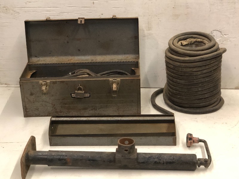 lot 98 image: Steel Toolbox, Trailer Jack, Spool Of Wire