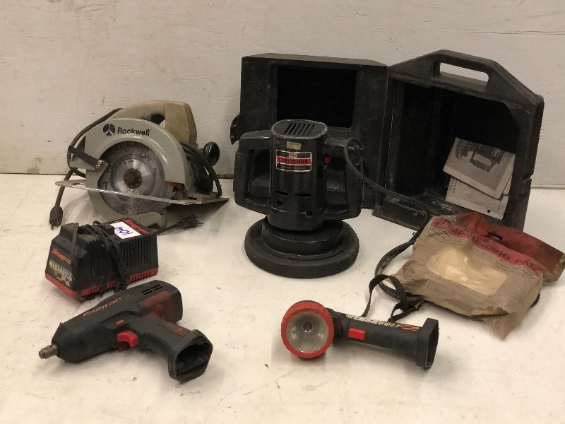 lot 104 image: Snap-On Impact, Craftsman Buffer, Work Light, Circular Saw