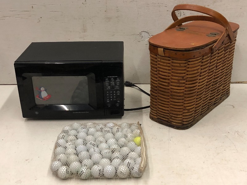 lot 110 image: Bag Of Golf Balls, Wicker Refrigerator Picnic Basket, Microwave