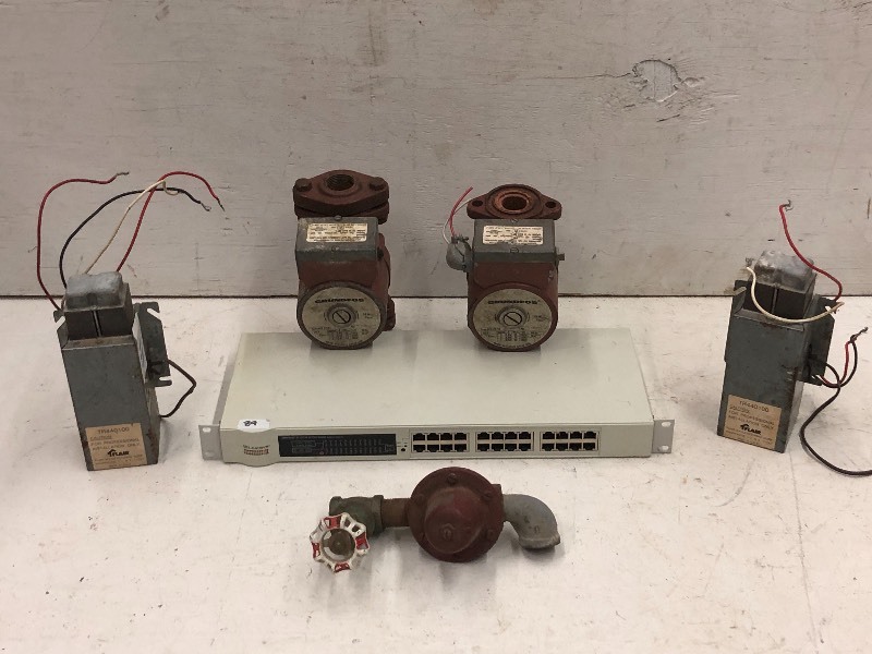 lot 111 image: Linksys EtherFast-II, (2) Grundfus Pumps, (2) Oil Burner Circulators