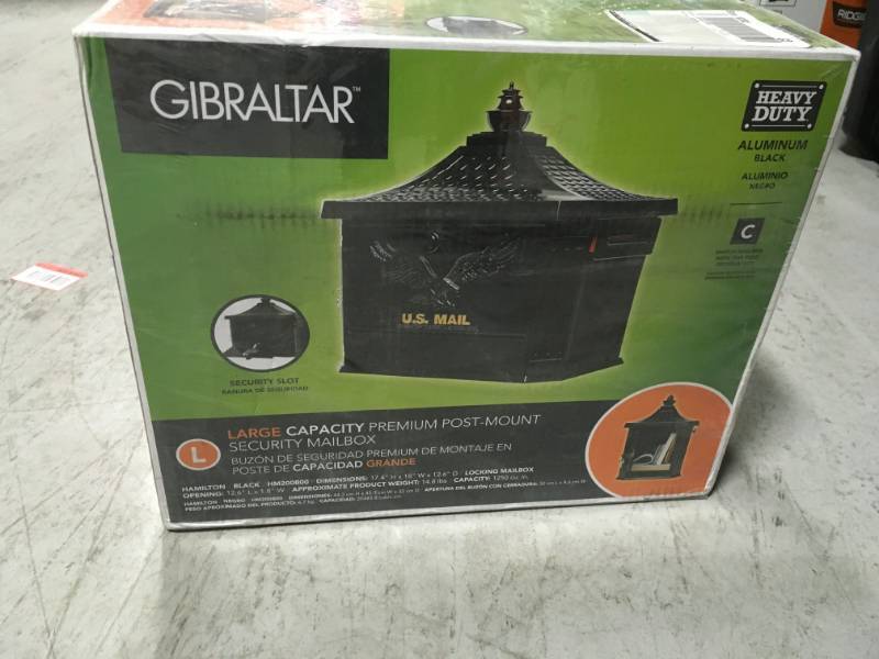 lot 22 image: Gibraltar Mailboxes Hamilton Black Locking Aluminum Large Post-Mount Mailbox not used
