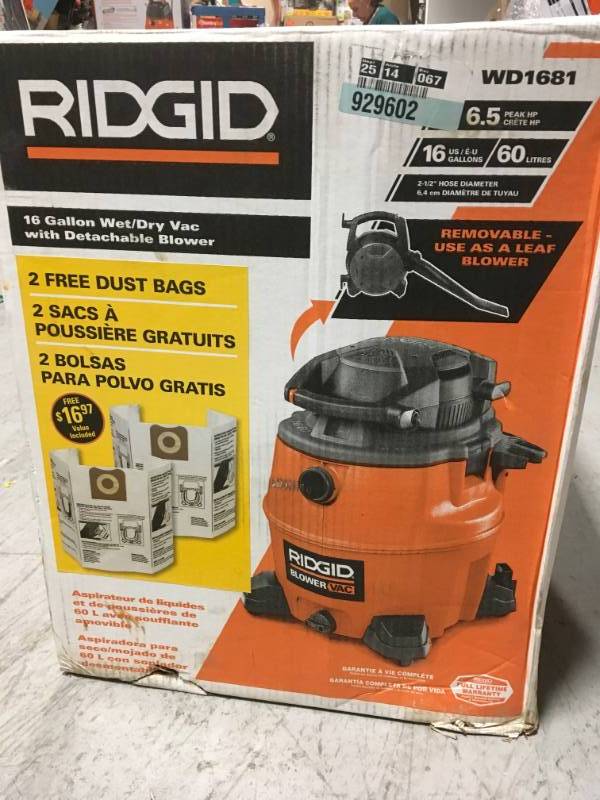 lot 42 image: RIDGID 16 gal. 6.5-Peak HP Wet Dry Vac with Detachable Blower and 2 Bonus Filter Bags USED in very good condition