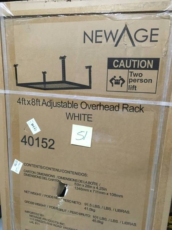 lot 51 image: NewAge Products Performance 96 in. L x 48 in. W x 42 in. H Adjustable VersaRac Ceiling Storage Rack in White QTY 2 mnot used