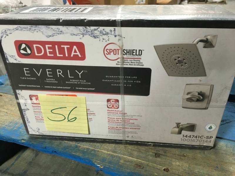 lot 56 image: Delta Everly H2Okinetic Single-Handle 3-Spray Tub and Shower Faucet in SpotShield Brushed Nickel open box in very good condition