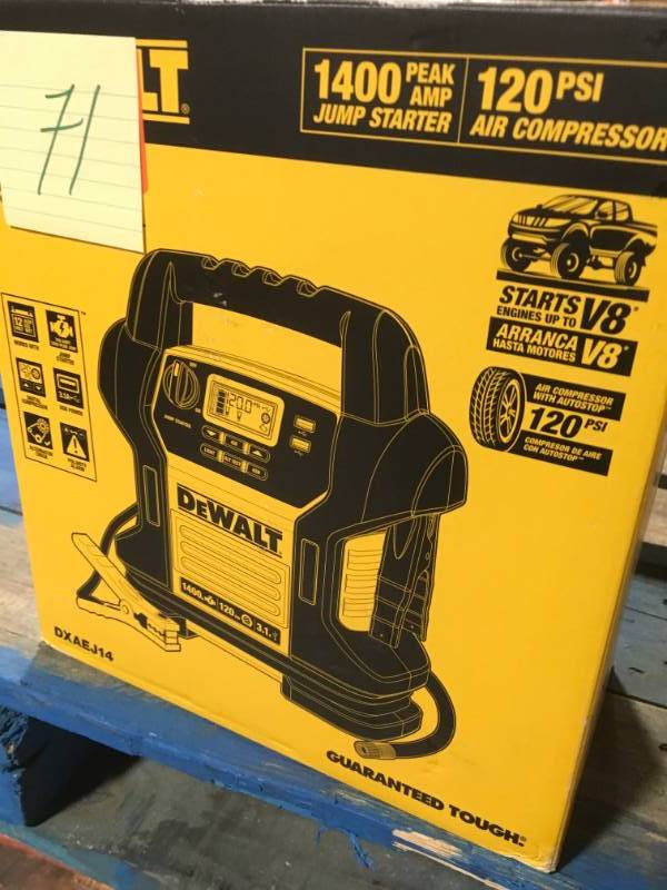 lot 71 image: DEWALT 1400 Peak Amp Jump Starter with Digital Compressor in very good condition