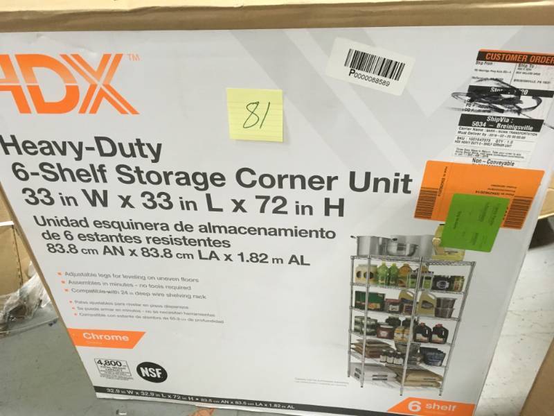 lot 81 image: HDX 6 Shelf 72 in. H x 33 in. W x 33 in. D Heavy Duty Wire Corner Shelving Unit in Chrome in very good condition