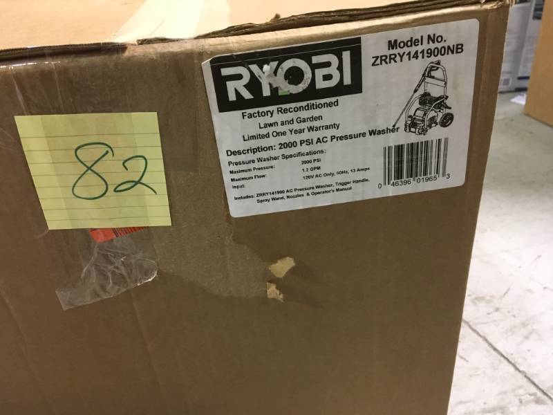lot 82 image: RYOBI Reconditioned 2,000 PSI 1.2 GPM Electric Pressure Washer in very good condition