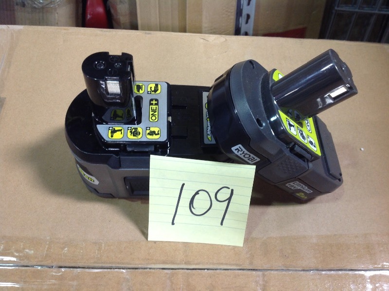 lot 109 image: Lot of Ryobi P108 4AH One High Capacity Lithium Ion Battery 1 and 1 Ryobi P102 Genuine OEM 18V One Lithium Ion Compact Battery in working conditions