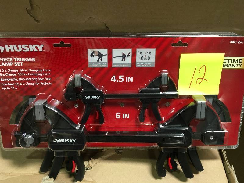 lot 12 image: Husky 6 in. and 4.5 in. Trigger Clamp Set (6-Piece) in very good condition
