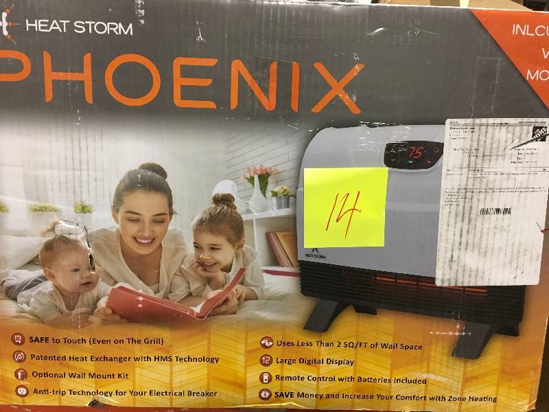 lot 14 image: Heat Storm Phoenix Floor to Wall Unit 1,500-Watt Infrared Quartz Portable Heater with Built-In Thermostat and Over Heat Sensor in very good condition
