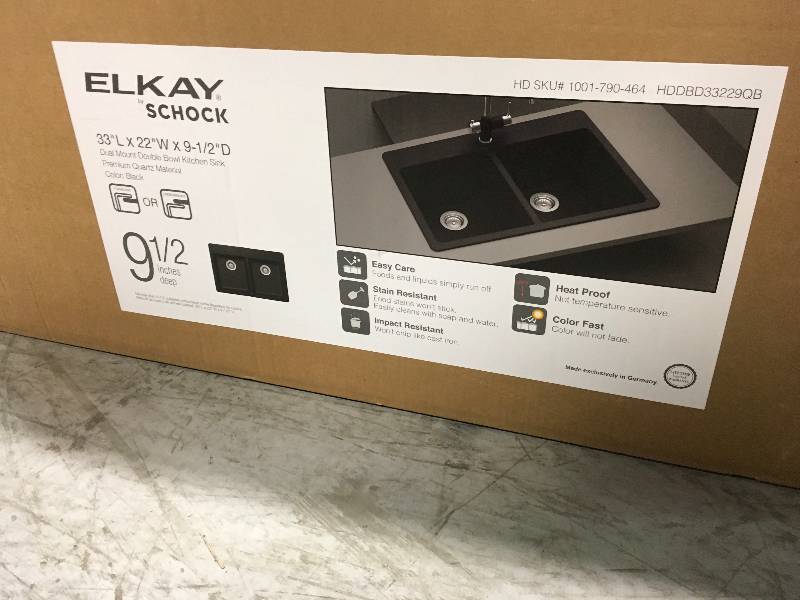 lot 25 image: Elkay Elkay by Schock Drop-InUndermount Quartz Composite 33 in. 5050 Double Bowl Kitchen Sink in Black in very good condition