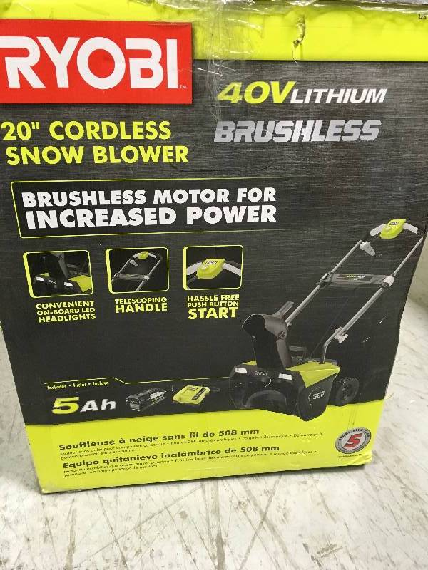 lot 26 image: RYOBI 20 in. 40-Volt Brushless Cordless Electric Snow Blower NO BATTERY in very good condition