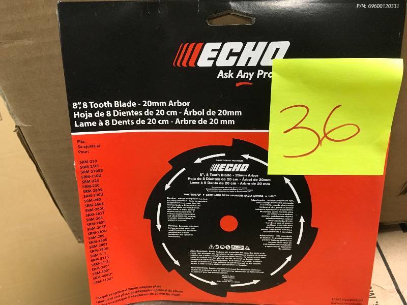 lot 36 image: ECHO 8 in. 8-Tooth Grass & Weed Blade (20 mm) in very good condition