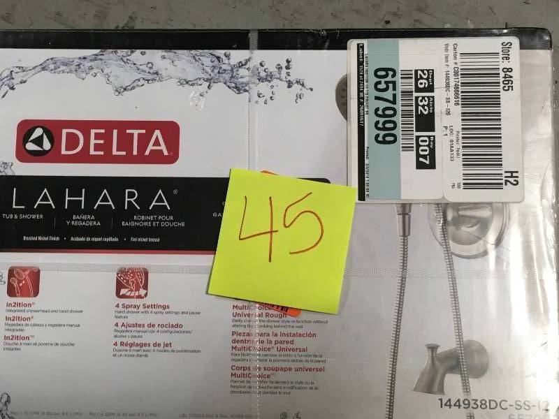 lot 45 image: Delta Lahara In2ition 2-in-1 Single-Handle 5-Spray Tub and Shower Faucet in Brushed Nickel in very good condition
