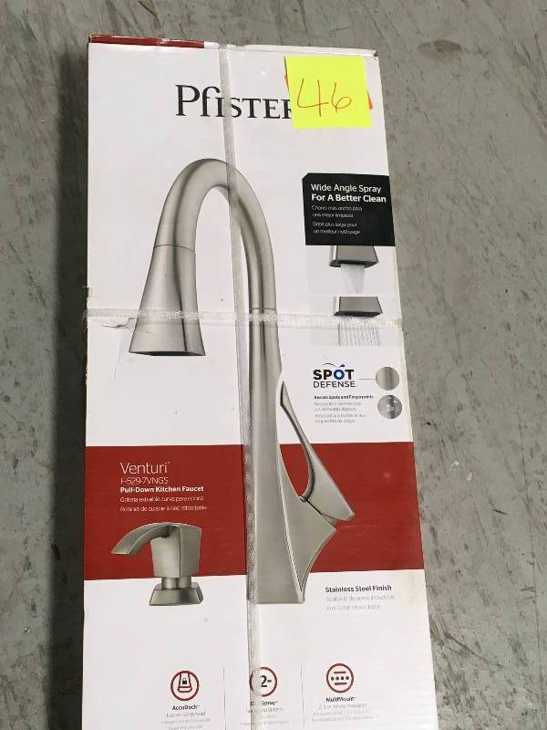 lot 46 image: Pfister Venturi Single-Handle Pull-Down Sprayer Kitchen Faucet in Spot Defense with Stainless Steel in very good condition