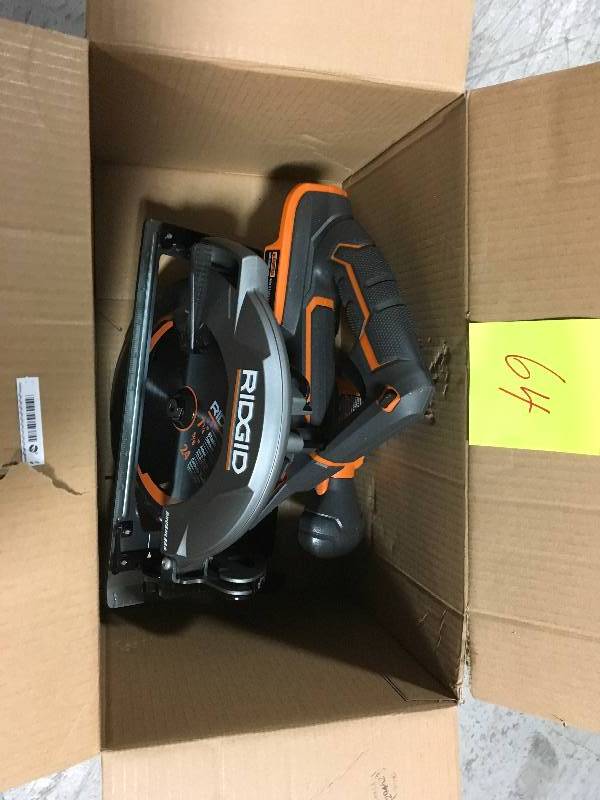 lot 64 image: RIDGID 18-Volt Cordless Brushless 7-14 in. Circular Saw (Tool-Only) in very good condition