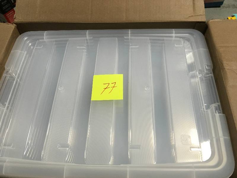 lot 77 image: IRIS 54-Qt. Stack and Pull Storage Box in Clear (6-Pack) in very good condition