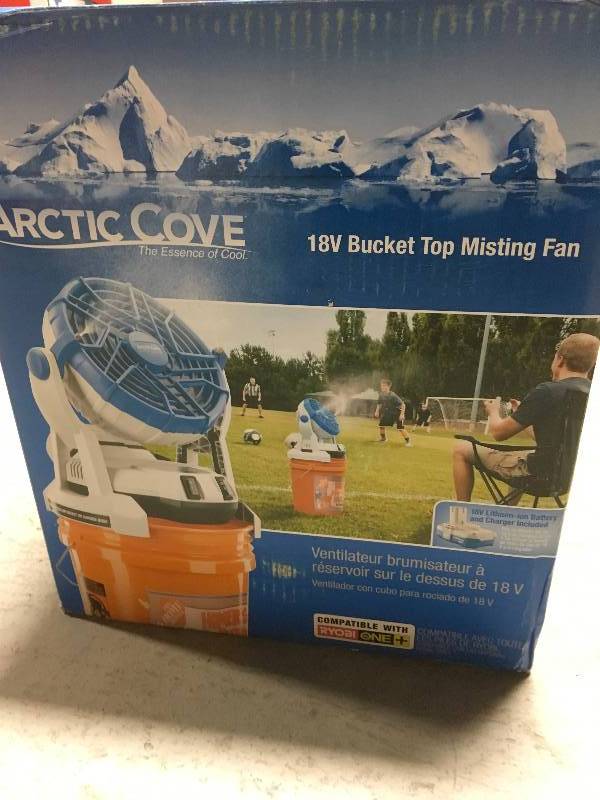 lot 82 image: Arctic Cove 18-Volt Two Speed Misting Bucket Top Fan not used