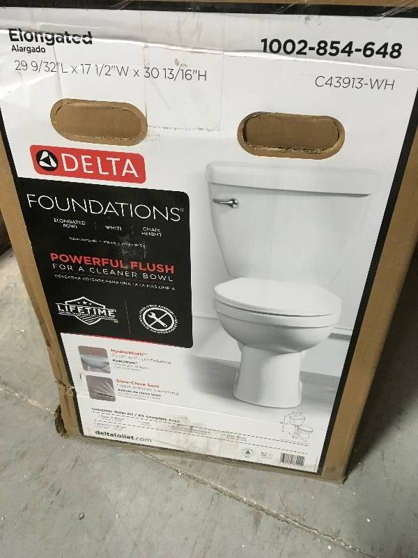 lot 90 image: Delta Foundations 2-piece 1.28 GPF Single Flush Elongated Toilet in White in very good condition