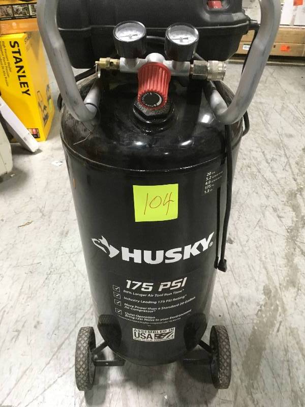 lot 104 image: Husky 20 Gal. 175 PSI Portable Electric Air Compressor in very good condition