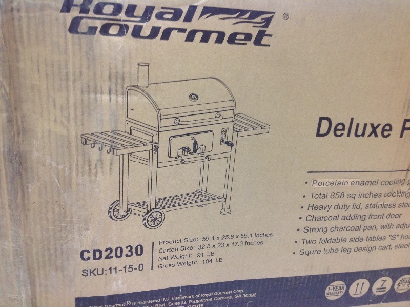 lot 114 image: Royal Gourmet 750 sq. in. Heavy-Duty Charcoal Grill in Black with 2 Foldable Side Tables in good conditions