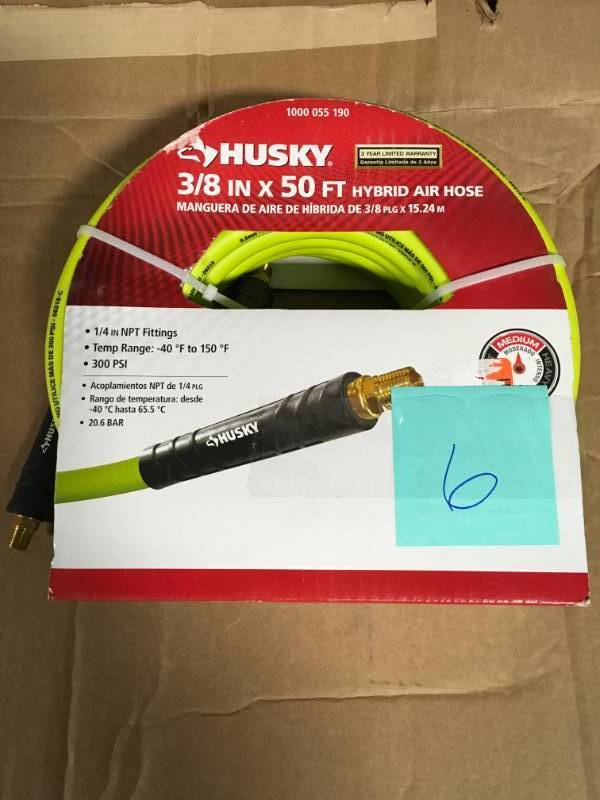 lot 6 image: Husky 38 in. x 50 ft. Hybrid Air Hose not used