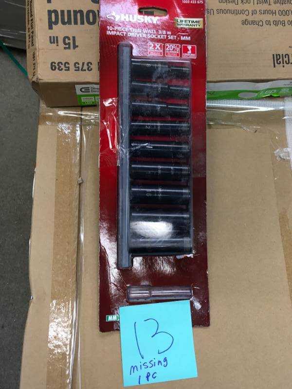 lot 13 image: Husky 38 in. Drive Thin Wall Deep Impact Socket Set MM (10-Piece) MISSING 1 PC in very  good condition
